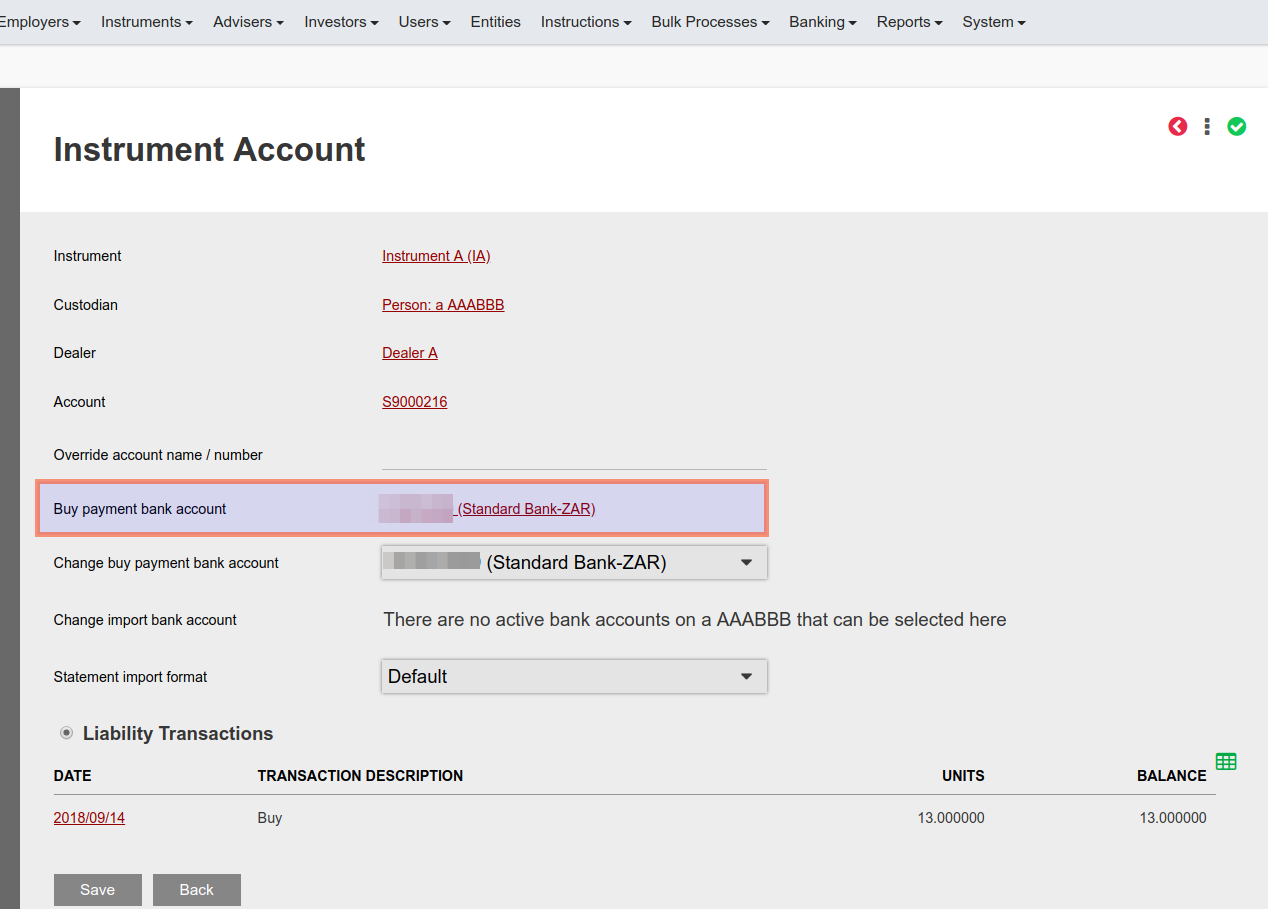 Default buy bank account on Instrument account - FINWorks